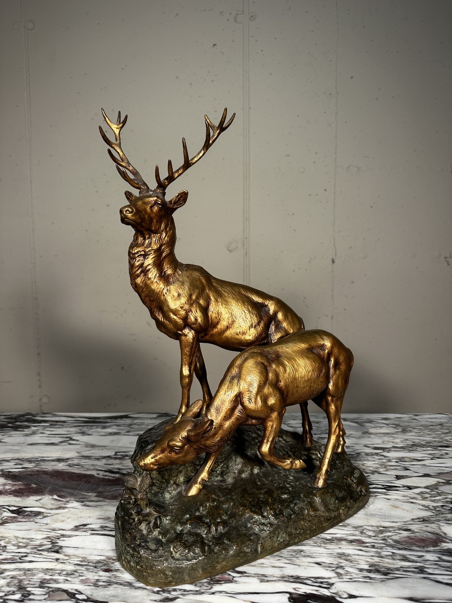 Sculpture en bronze – Cerfs élaphes – J.E. Masson & Société des Bronzes de Paris