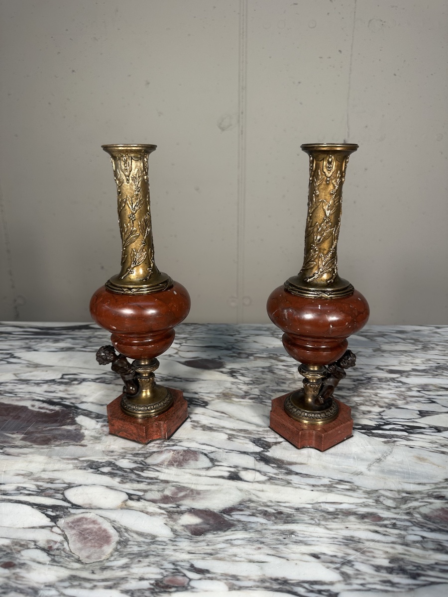 Pair Of Napoleon III Vases Made Of Bronze And Red Marble-photo-2