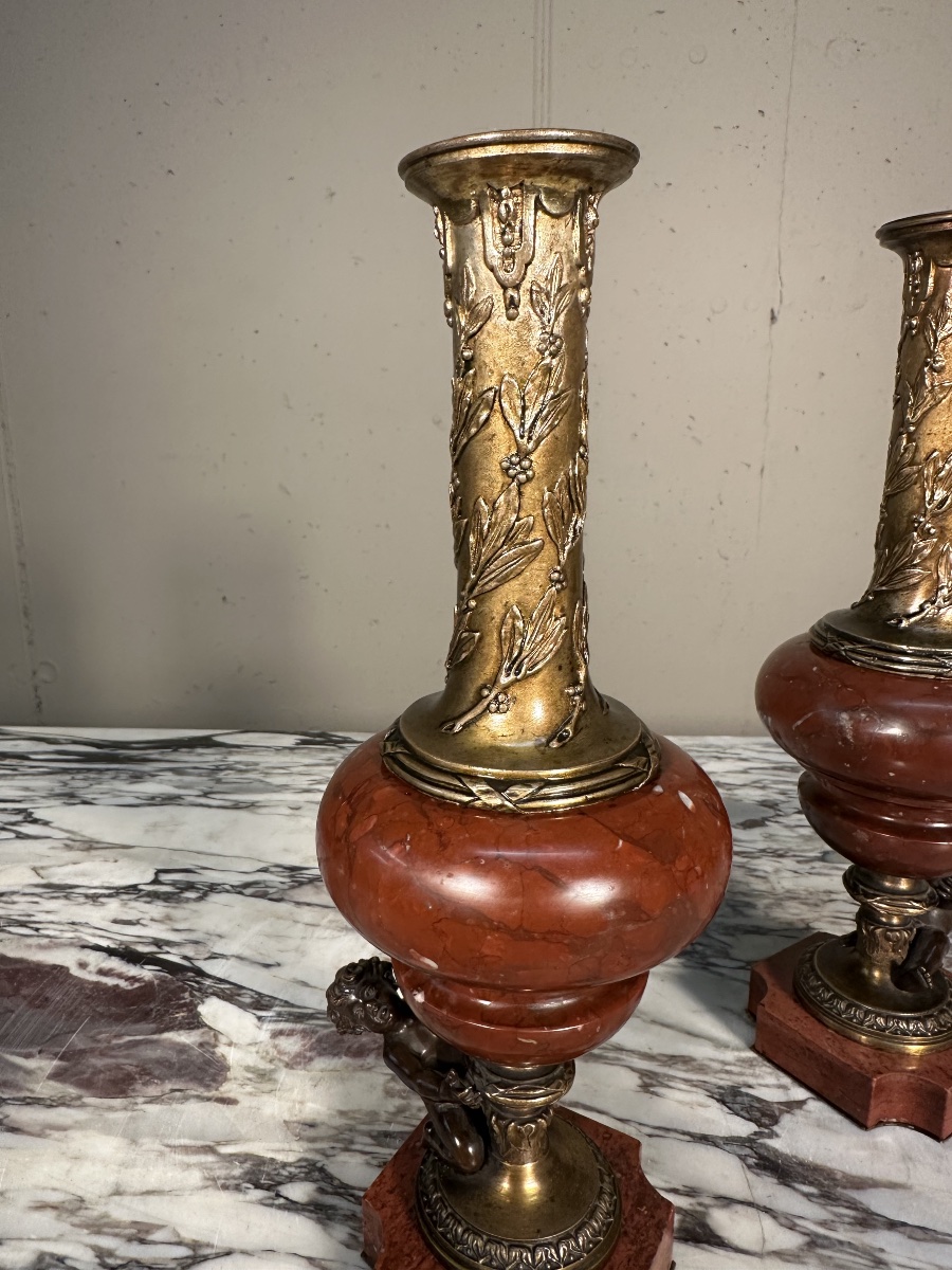 Pair Of Napoleon III Vases Made Of Bronze And Red Marble-photo-4