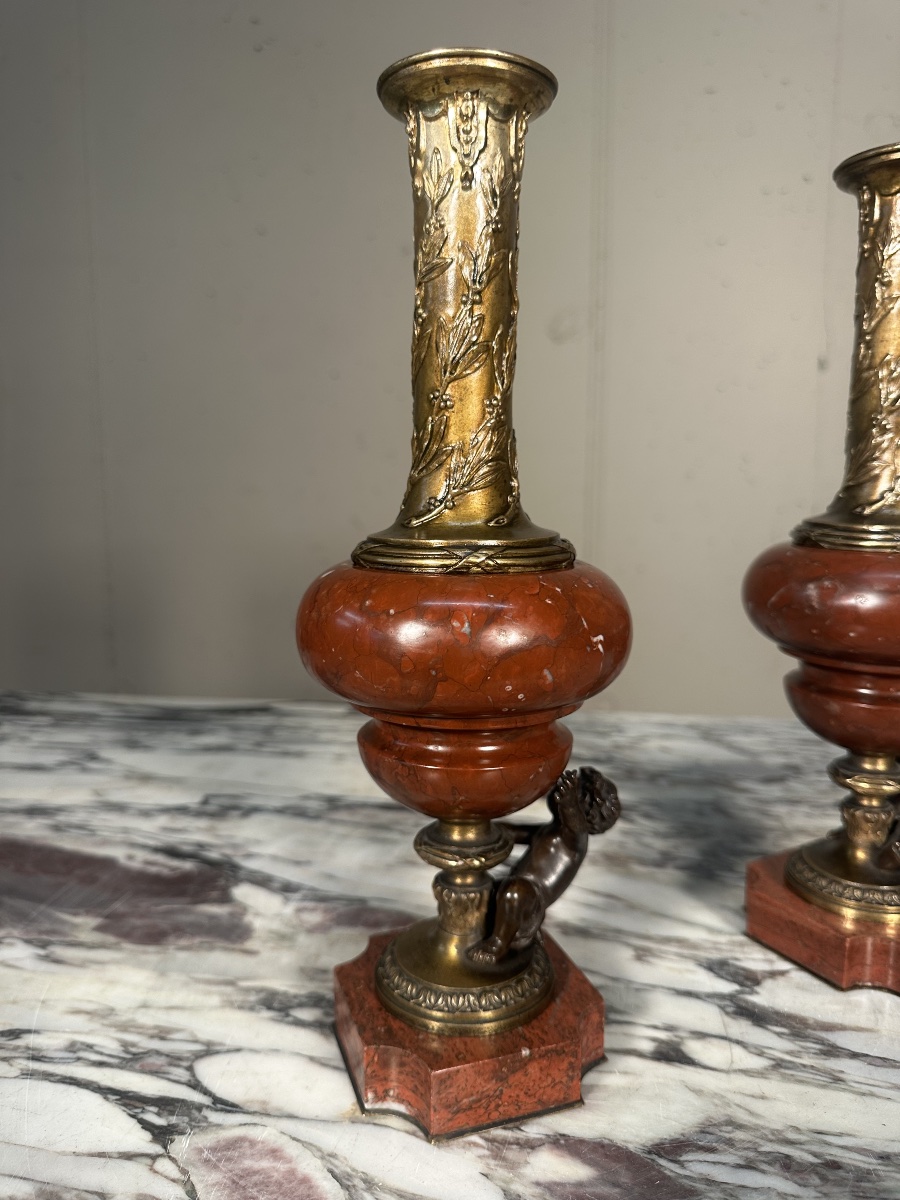 Pair Of Napoleon III Vases Made Of Bronze And Red Marble-photo-1