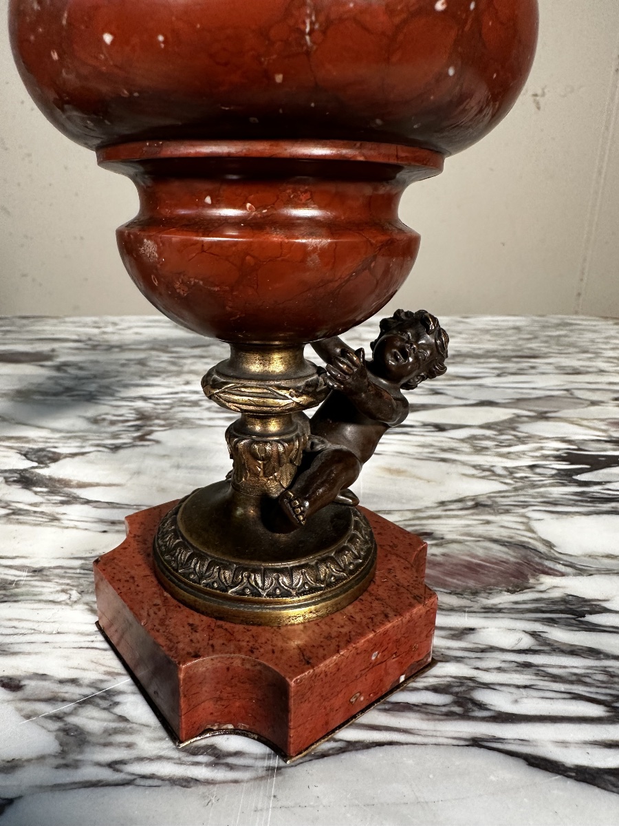 Pair Of Napoleon III Vases Made Of Bronze And Red Marble-photo-2