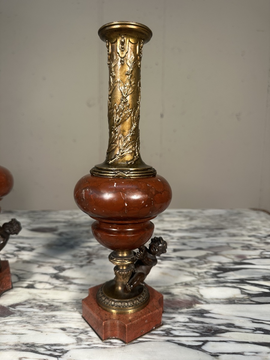 Pair Of Napoleon III Vases Made Of Bronze And Red Marble-photo-3
