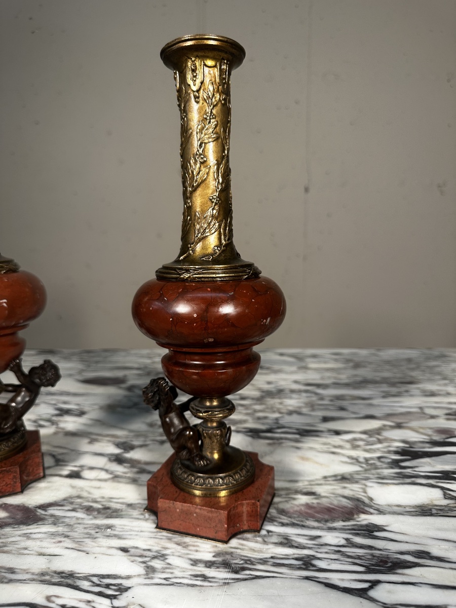 Pair Of Napoleon III Vases Made Of Bronze And Red Marble-photo-4