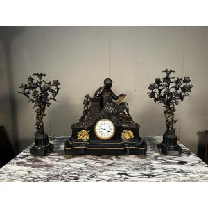 Napoleon III-style Clock Set, In Black Marble And Bronze
