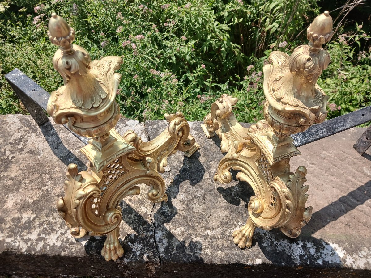 Paire de Chenets en Bronze-doré Louis XV-photo-4