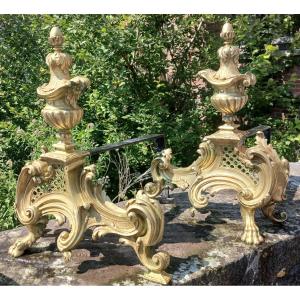 Pair Of Louis XV Gilded Bronze Andirons