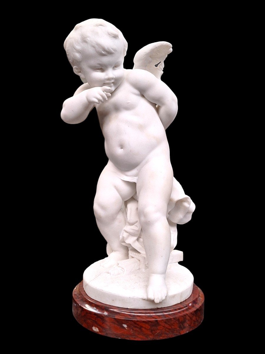 Very Beautiful Marble "cupido" Carved In Carrara Marble 