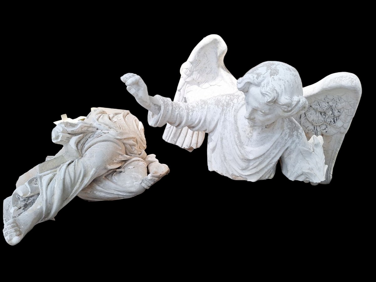 2 Statues d'Anges En Pierre De France, -photo-1