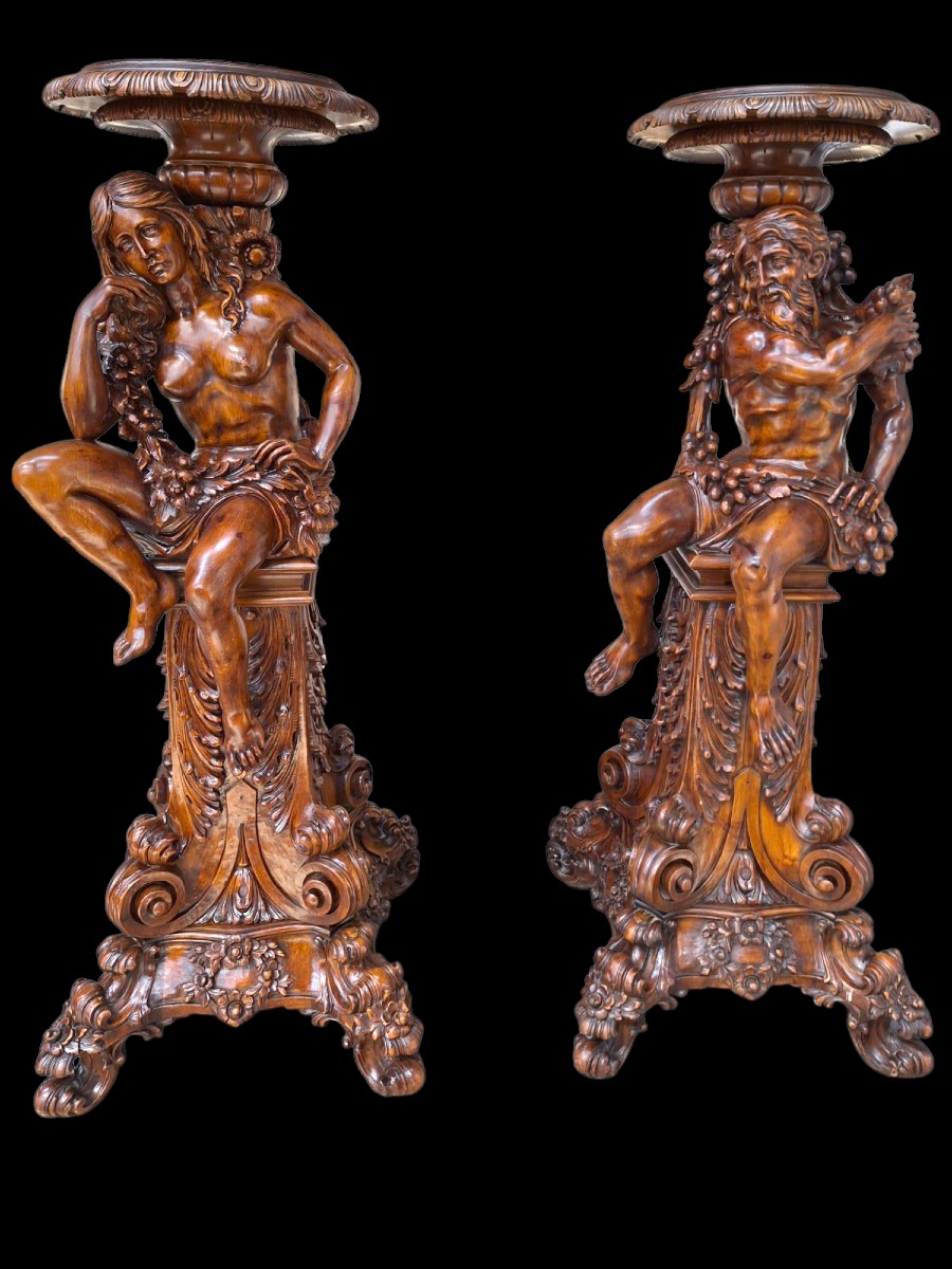 Large Paire Of Pedestals In Carved Walnut