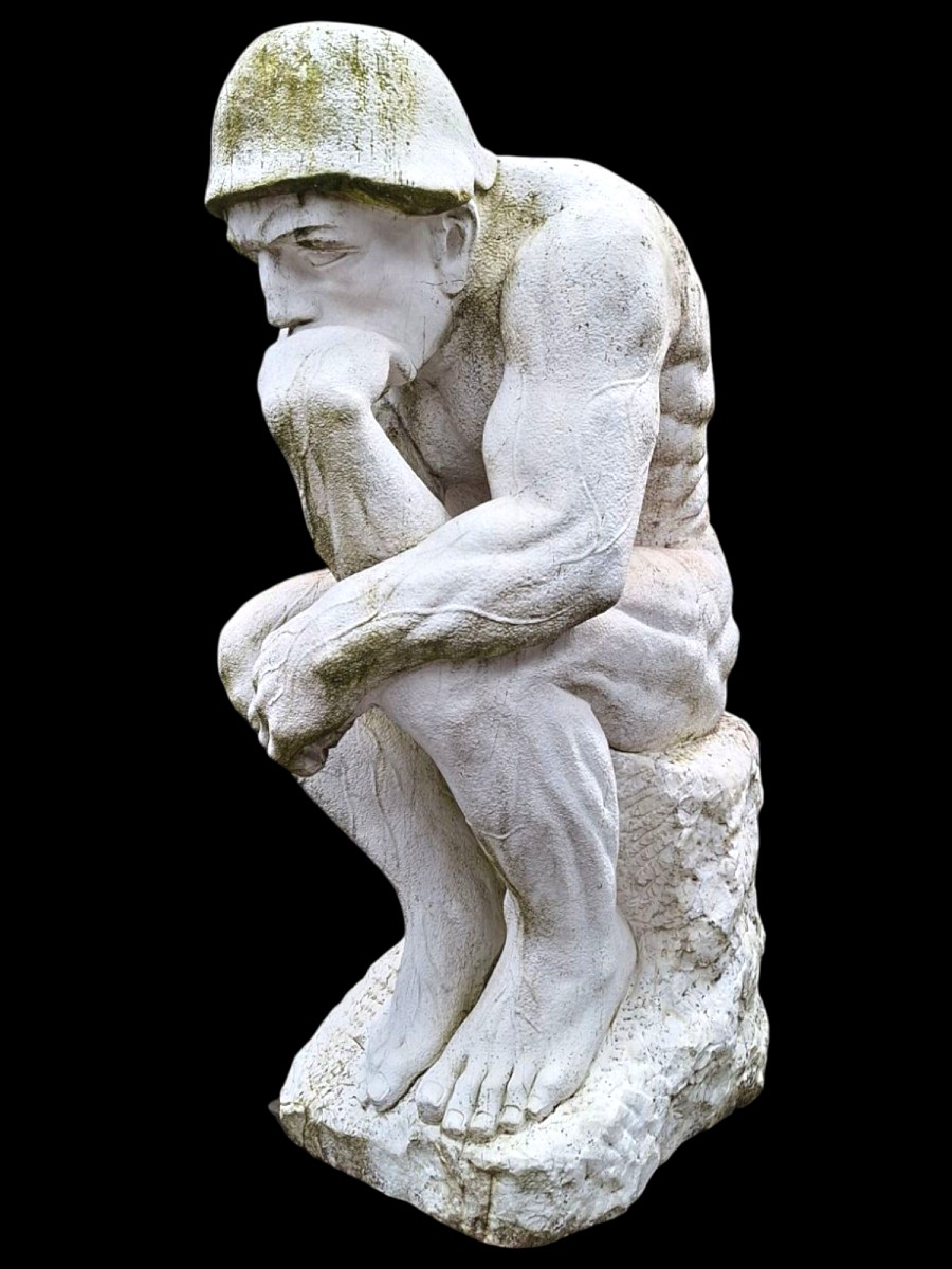 Large Carrara Marble Sculpture After Rodin's "the Thinker".-photo-4