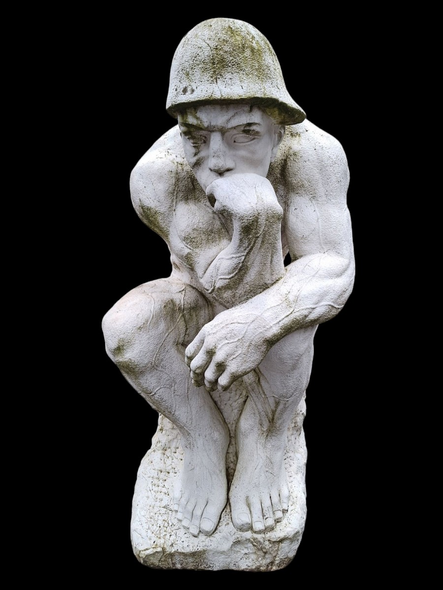 Large Carrara Marble Sculpture After Rodin's "the Thinker".-photo-2