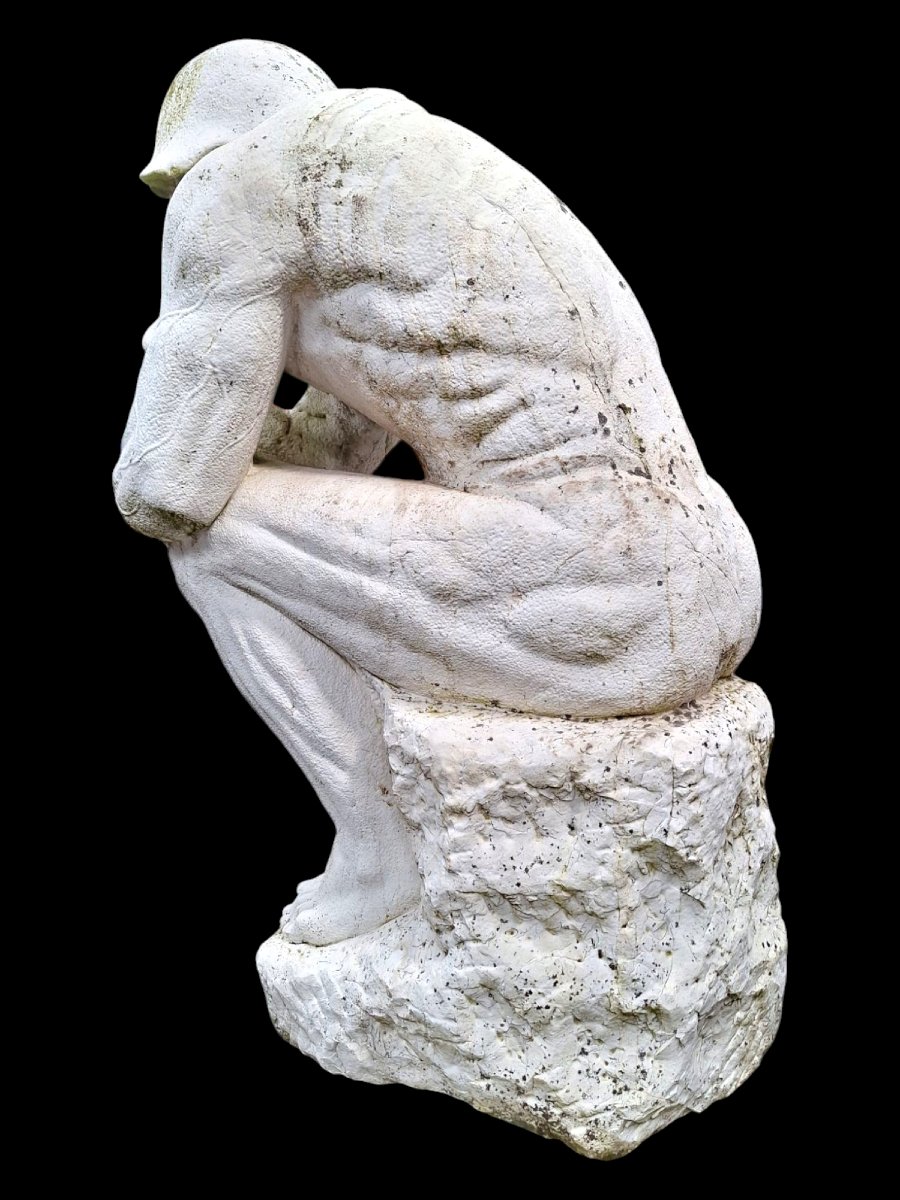 Large Carrara Marble Sculpture After Rodin's "the Thinker".-photo-1