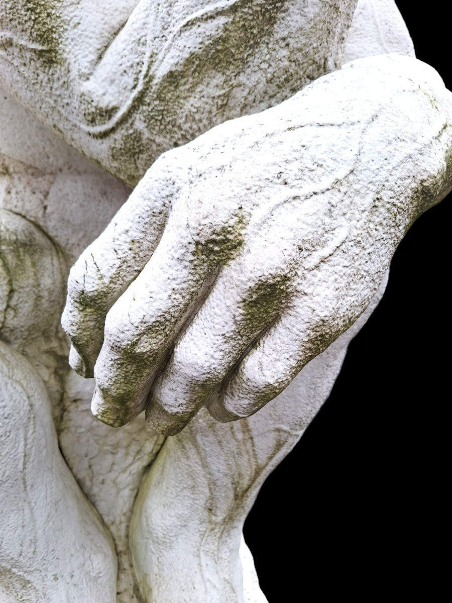 Large Carrara Marble Sculpture After Rodin's "the Thinker".-photo-3