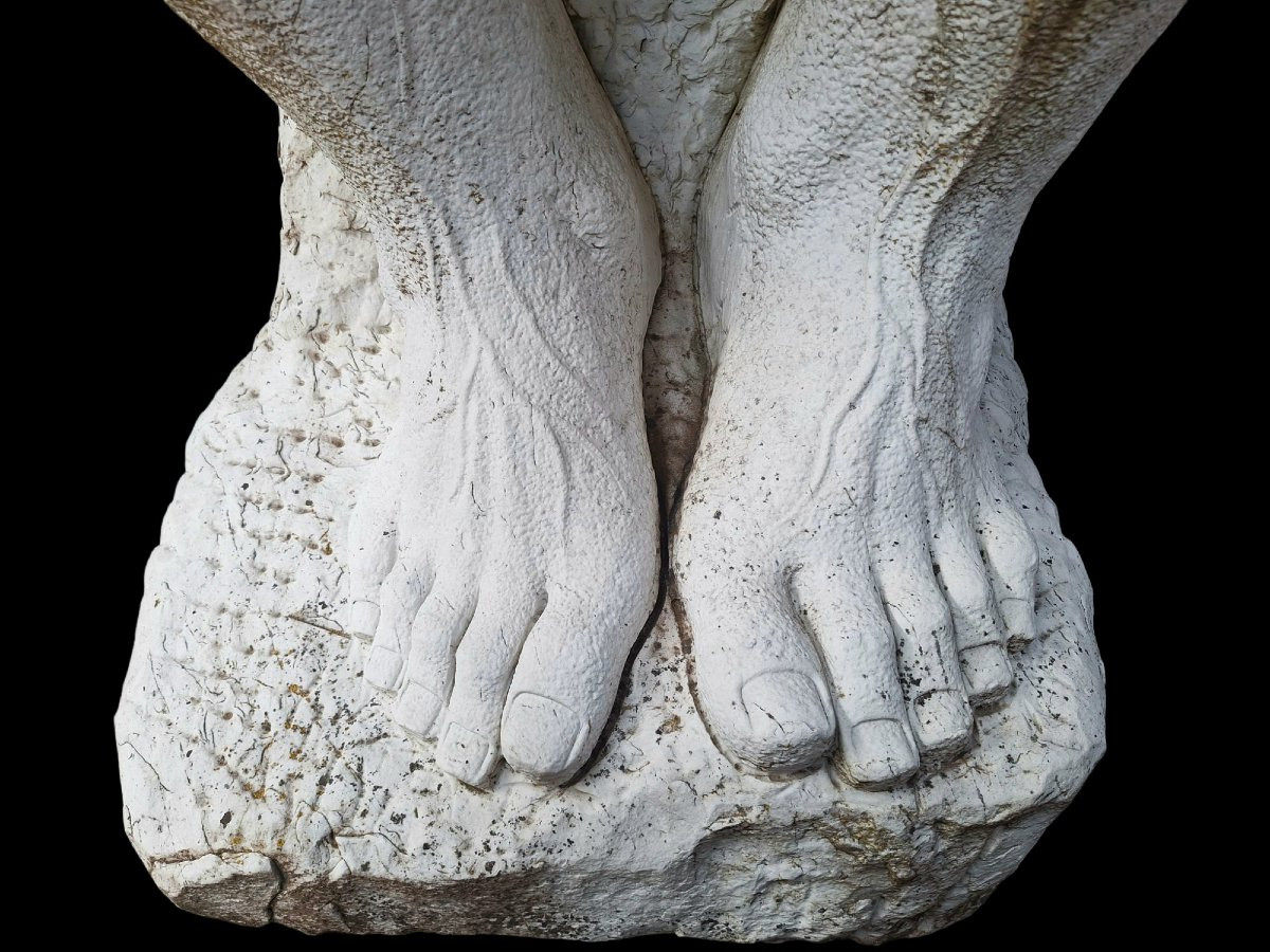 Large Carrara Marble Sculpture After Rodin's "the Thinker".-photo-5