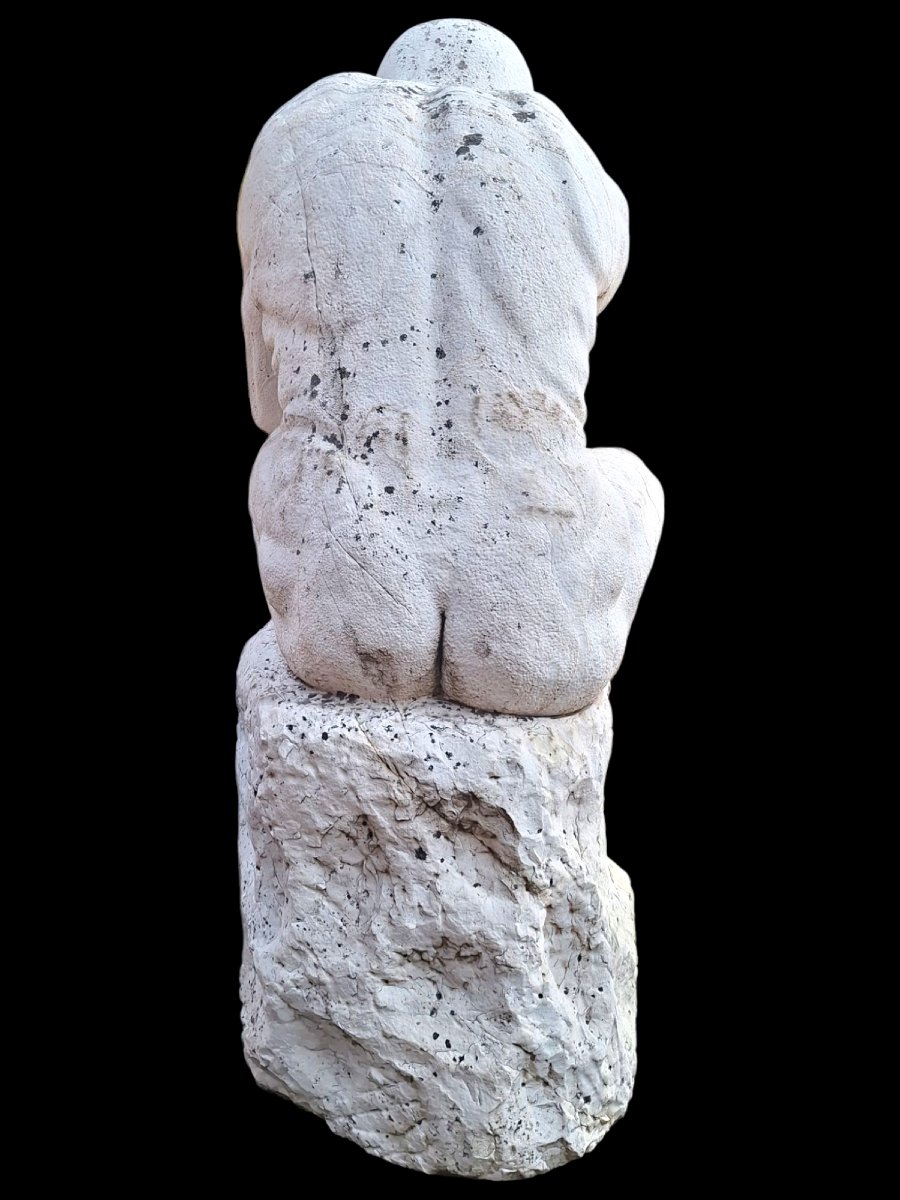 Large Carrara Marble Sculpture After Rodin's "the Thinker".-photo-7