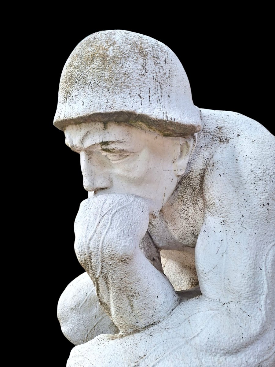 Large Carrara Marble Sculpture After Rodin's "the Thinker".-photo-8