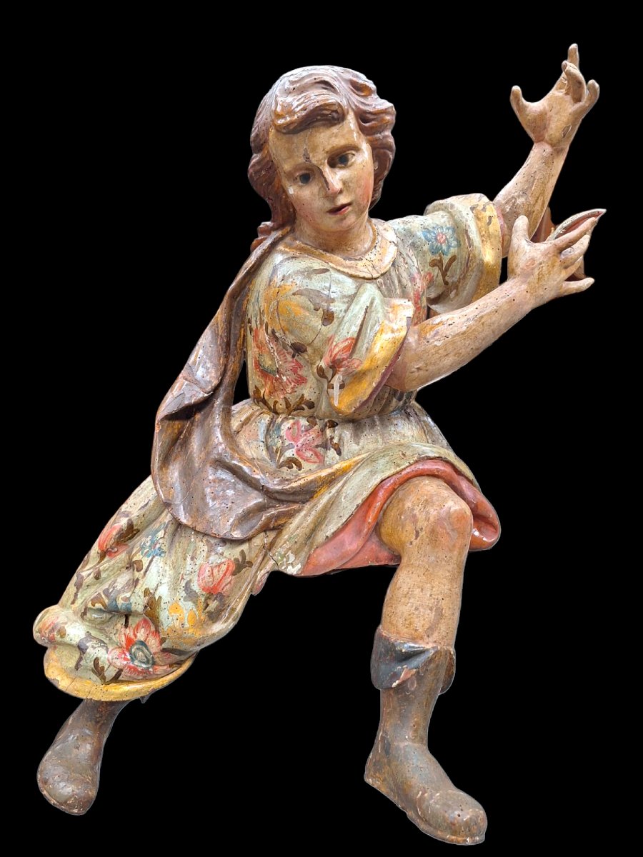 2 Carved Wooden Angels Polychrome -photo-2