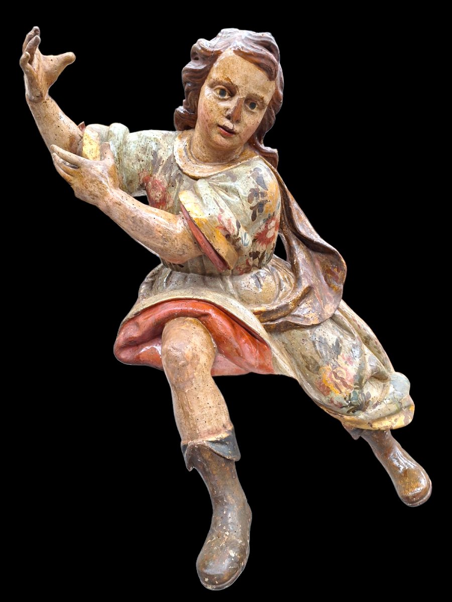2 Carved Wooden Angels Polychrome -photo-3