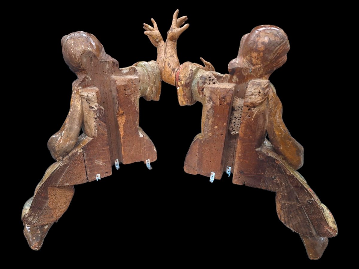 2 Carved Wooden Angels Polychrome -photo-4