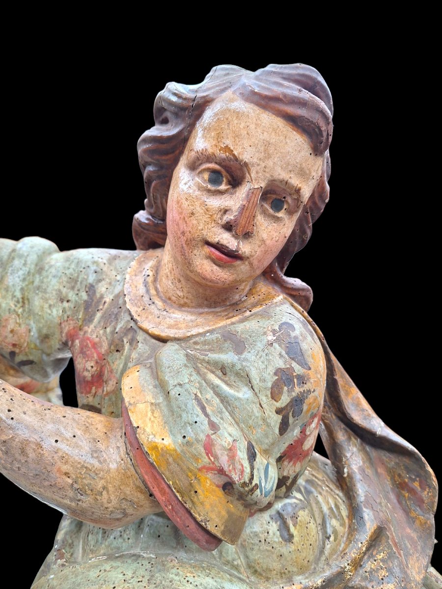 2 Carved Wooden Angels Polychrome -photo-3
