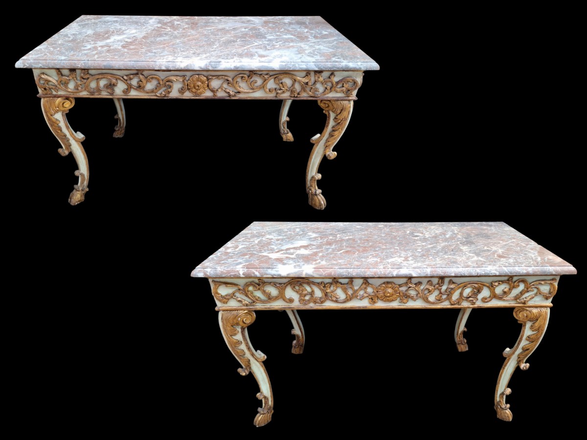 A Pair Of Marble Topped Wall Consoles.