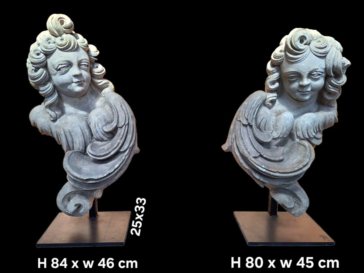 Paire de chérubins en pierre sculpté -photo-4