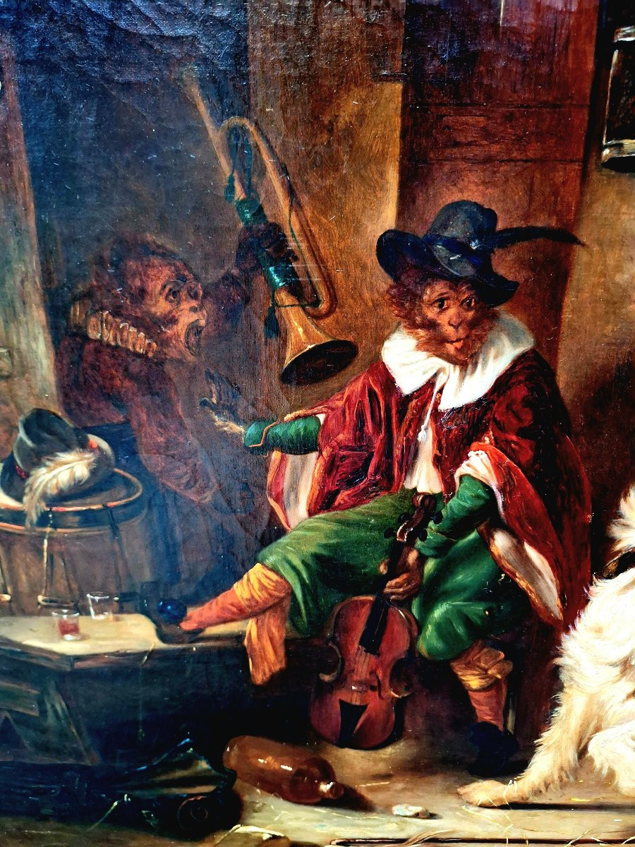 Singerie, Oil On Canvas, 19th Century -photo-2