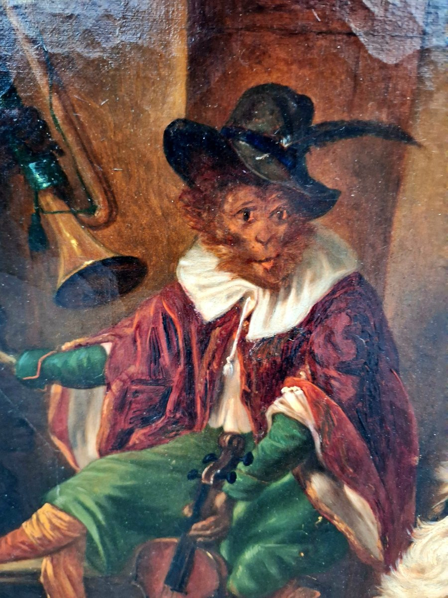 Singerie, Oil On Canvas, 19th Century -photo-3