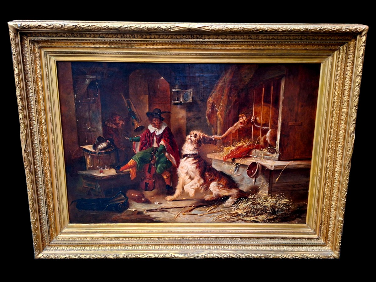 Singerie, Oil On Canvas, 19th Century 