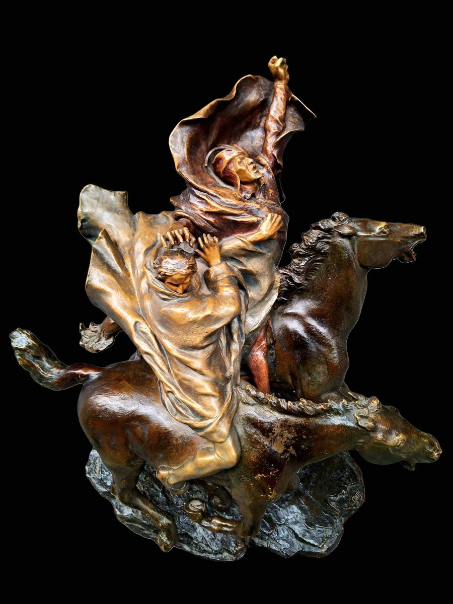 Sculpture en bronze "FAUST ET MEPHISTOPHÉLÈS À CHEVAL" -photo-1