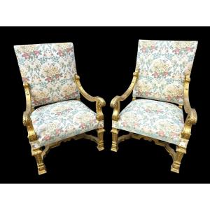 A Pair Of Gilded Wooden Armchairs