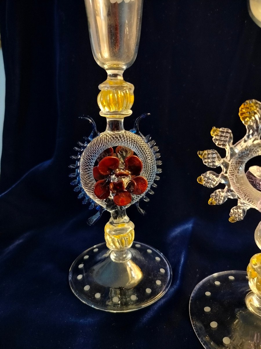   Flûtes en Verre Soufflé et Gravé Main. Venise 1ère moitié XX s.-photo-2