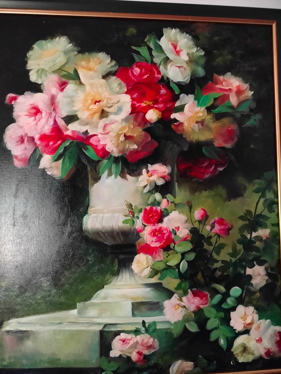 Tableau H. sur t.  ''Roses Dans Vase Medicis'' - Signé.-photo-3