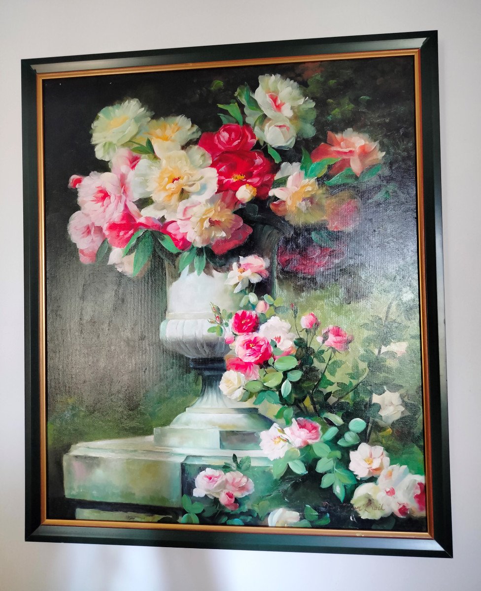 Tableau H. sur t.  ''Roses Dans Vase Medicis'' - Signé.-photo-4