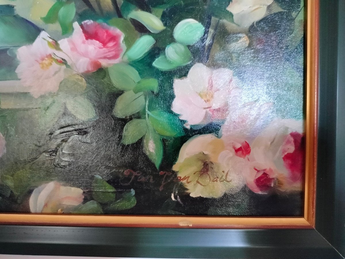 Tableau H. sur t.  ''Roses Dans Vase Medicis'' - Signé.-photo-1