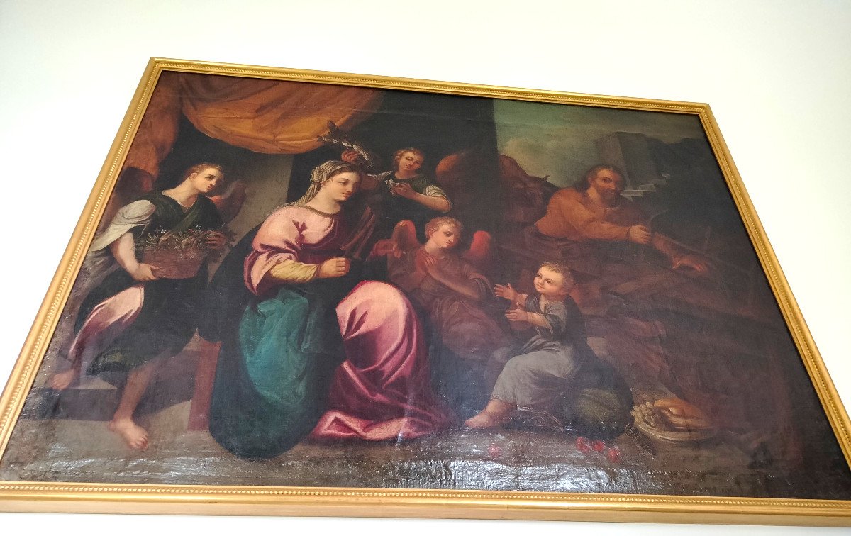 Painting '' The Holy Family And Three Angels '' XVIII Siècle -photo-3