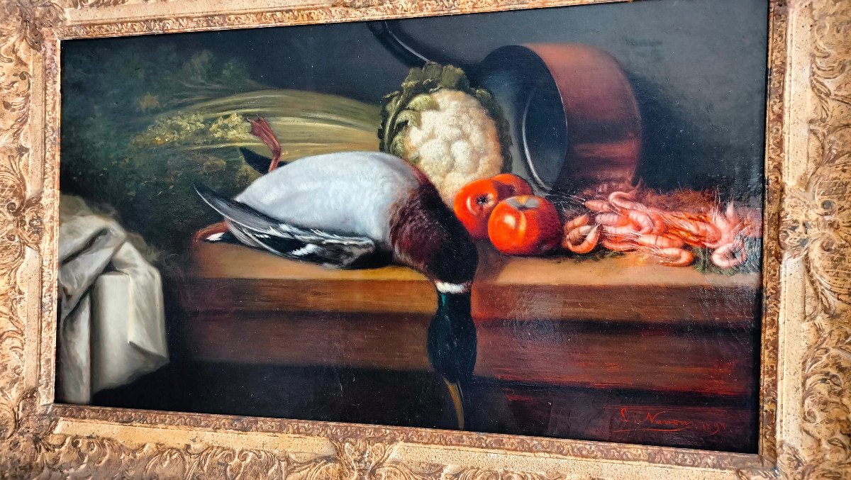 Nature Morte '' Col Vert et Crevettes '' tableau huile sur toile -photo-4