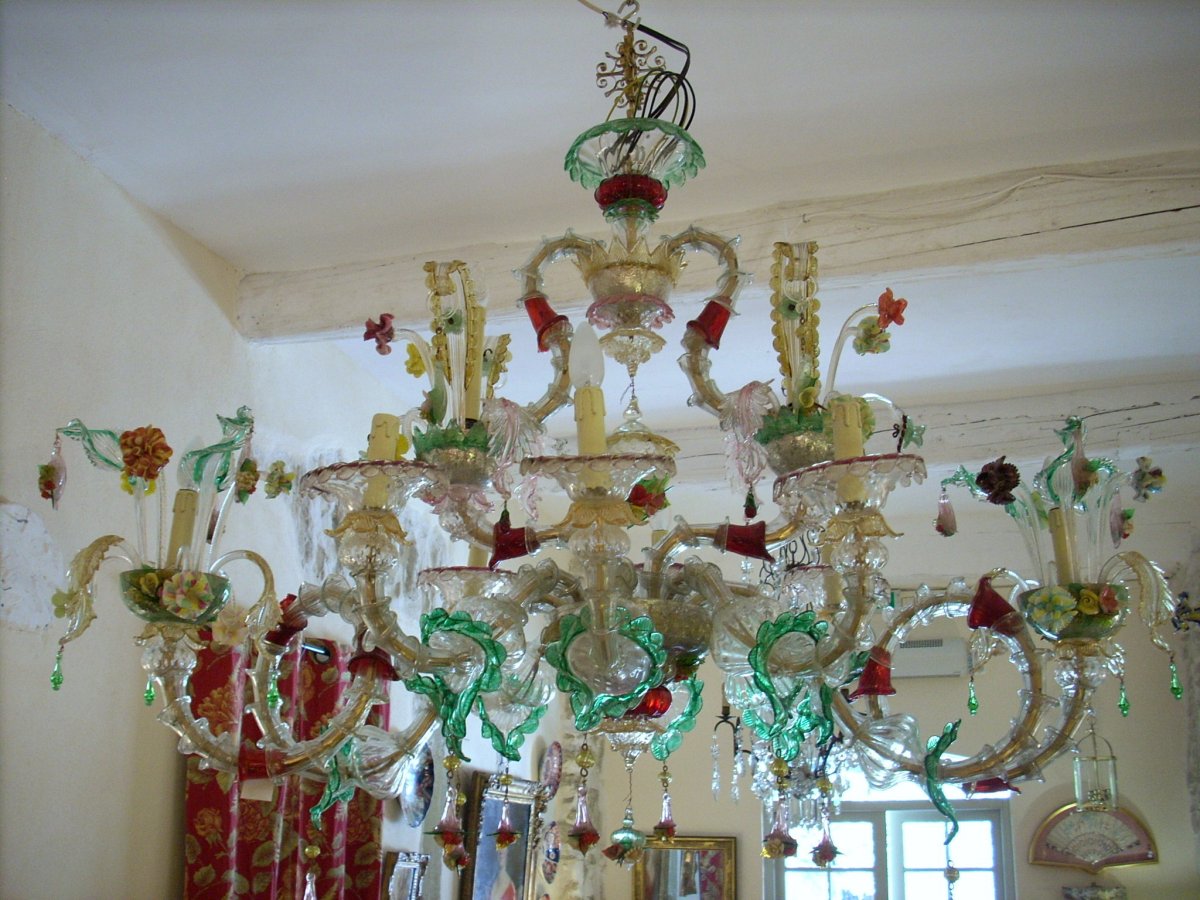 Lustre ''gondole'' verre soufflé Murano Venise, 10 feux