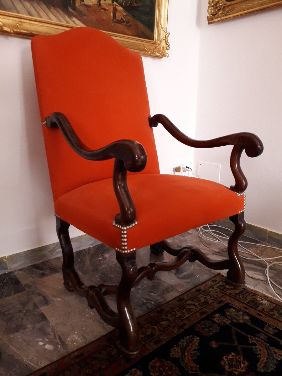 Pair Of Armchairs, Walnut, Red/orange Fabric,  Louis XIV  -photo-1