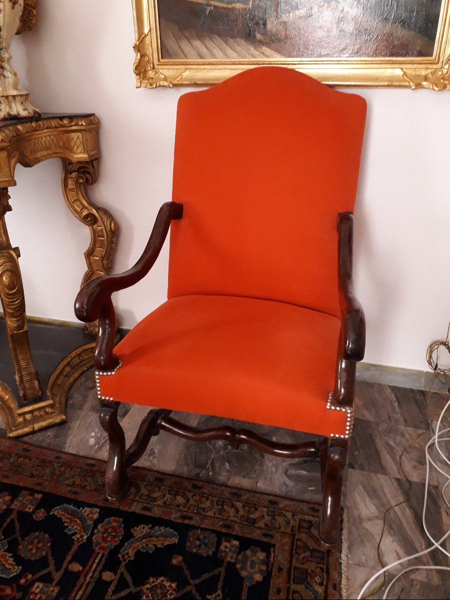 Pair Of Armchairs, Walnut, Red/orange Fabric,  Louis XIV  -photo-2