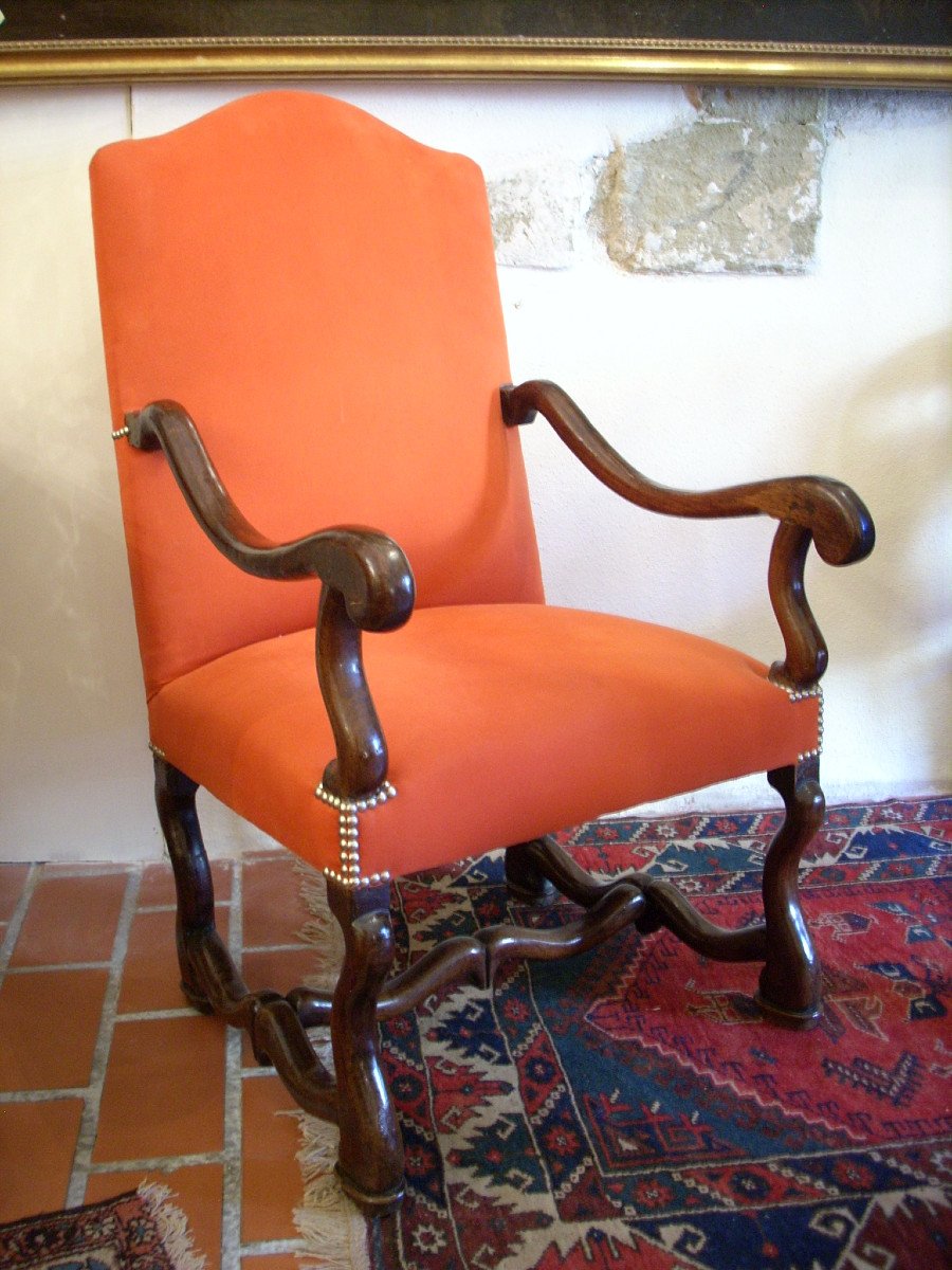 Pair Of Armchairs, Walnut, Red/orange Fabric,  Louis XIV  -photo-5