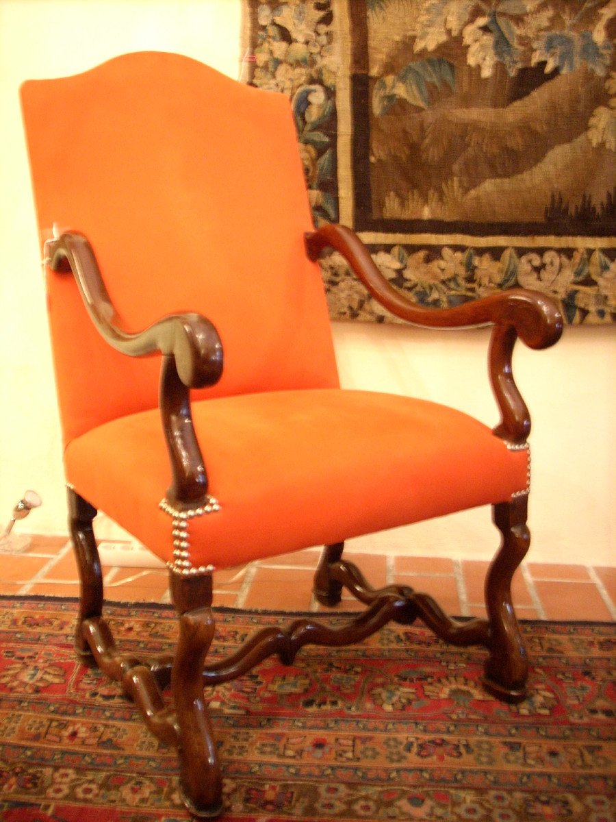 Pair Of Armchairs, Walnut, Red/orange Fabric,  Louis XIV  -photo-6