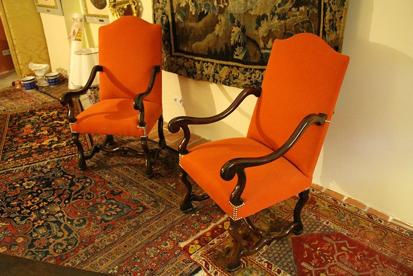 Pair Of Armchairs, Walnut, Red/orange Fabric,  Louis XIV  