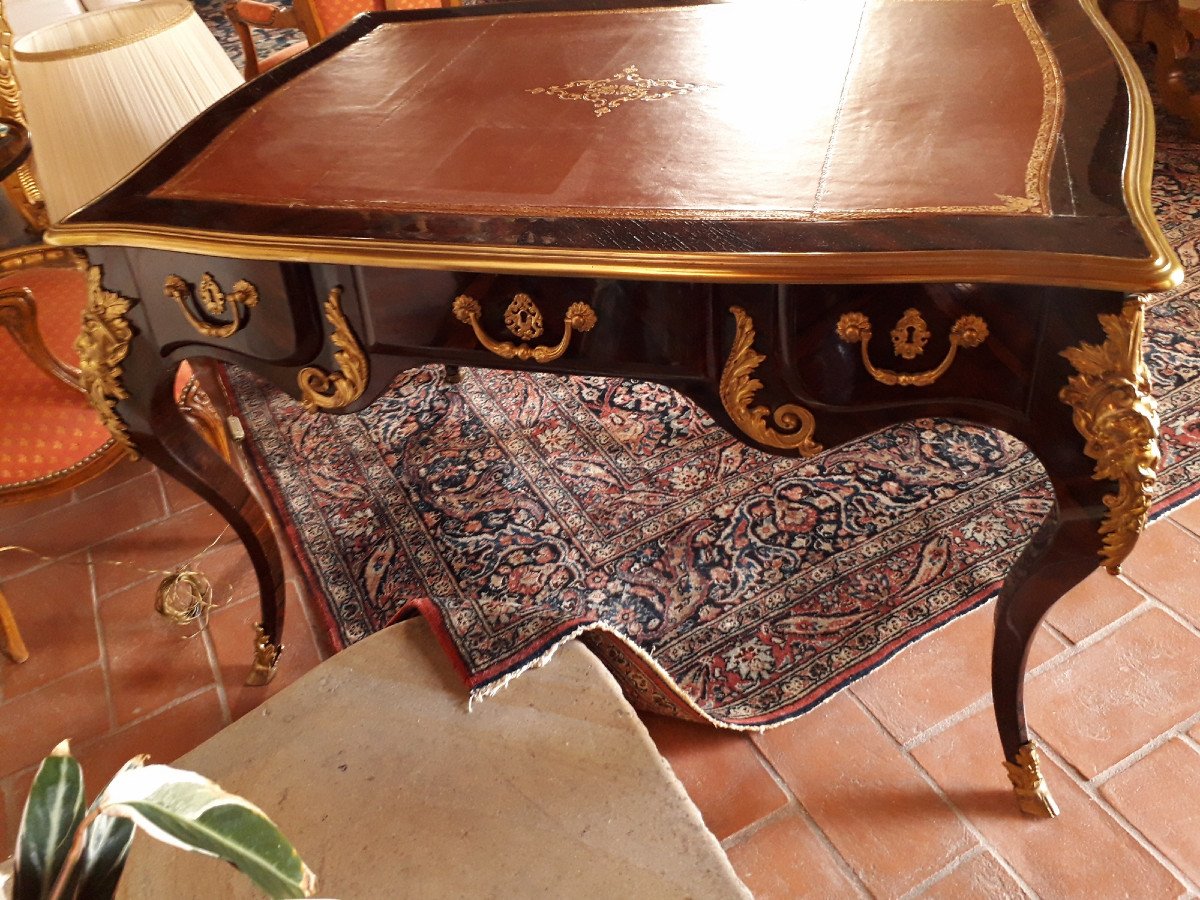Mahogany Desk, Golden Bronzes, Stamped, Louis XV Style,  French -photo-2