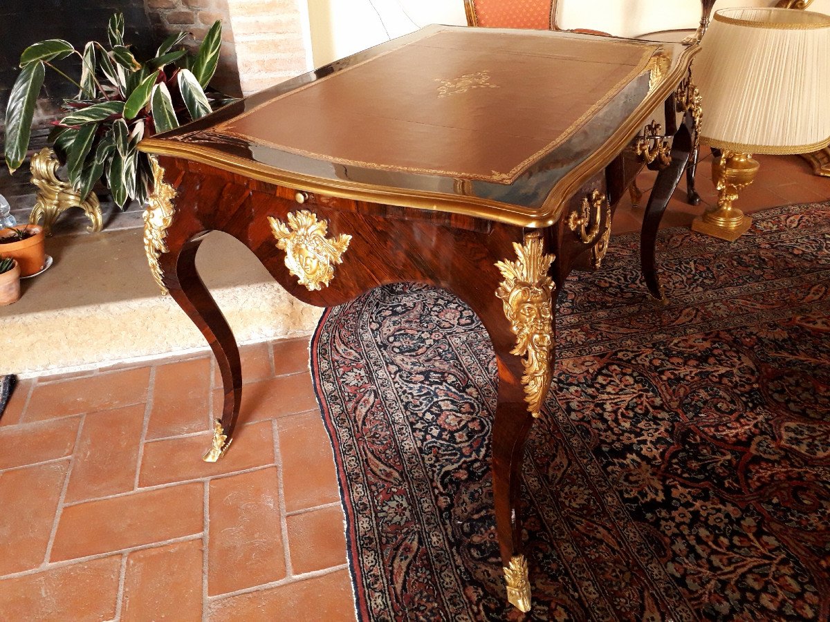 Mahogany Desk, Golden Bronzes, Stamped, Louis XV Style,  French -photo-1