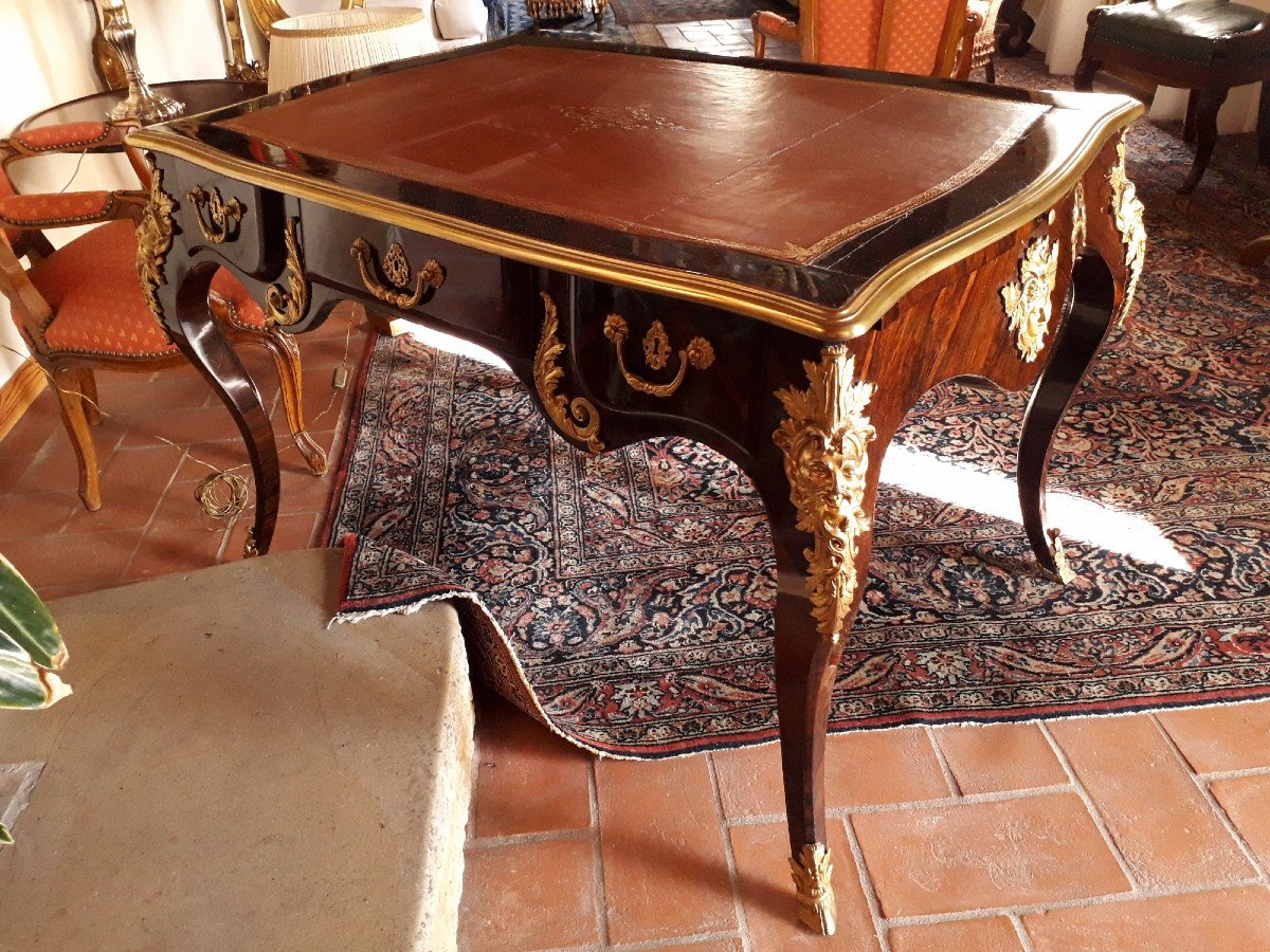 Mahogany Desk, Golden Bronzes, Stamped, Louis XV Style,  French -photo-2