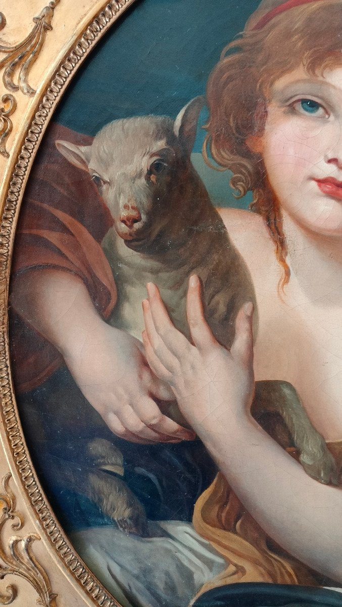 Painting Oil On Canvas, Young Girl With Lamb, School Greuze-photo-3