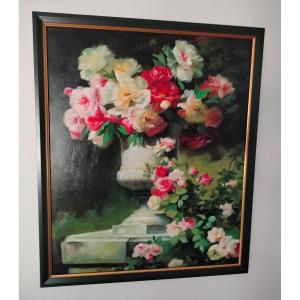 Tableau H. sur t.  ''Roses Dans Vase Medicis'' - Signé.