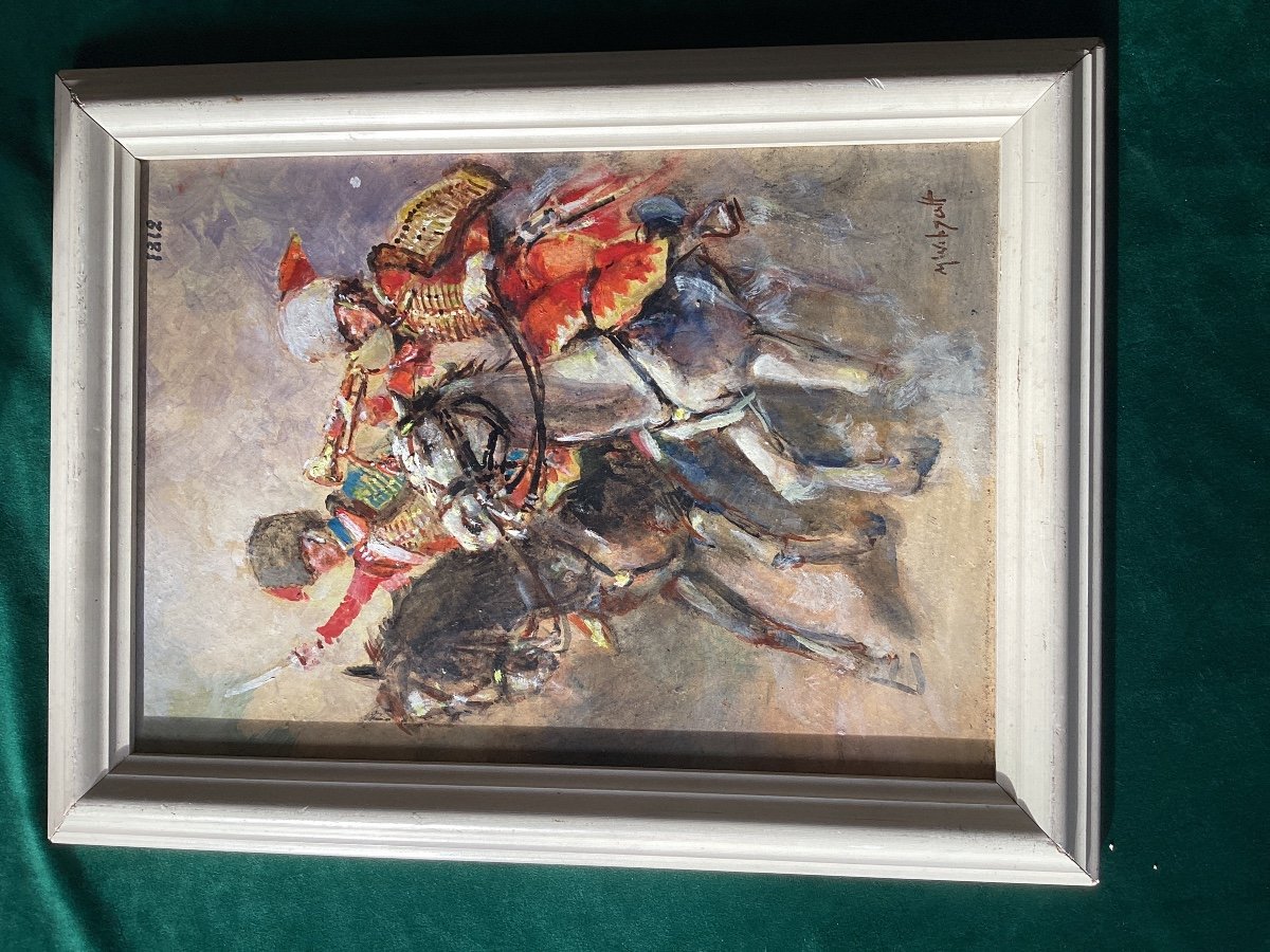 Deux Peintures Sur Bois Représentant , Un Gendarme Premier Empire Et Une Charge De Cavalerie -photo-2