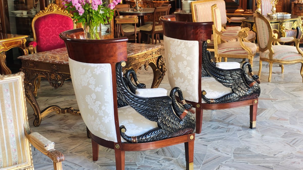 Pair Of Empire-style Armchairs With Black Swans, Circa 1870.